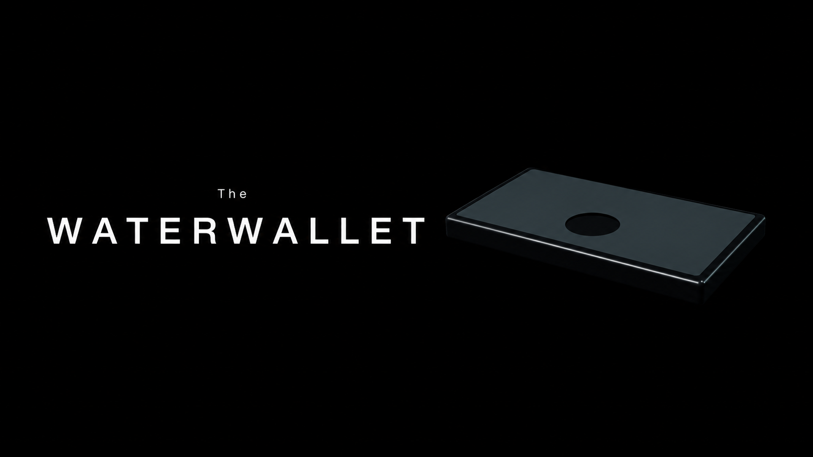 The WaterWallet wordmark alongside the closed product, seen at an angle